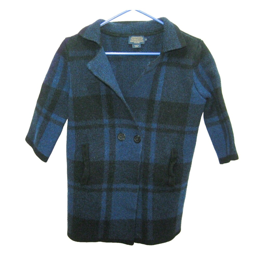 PENDLETON Women's (Size Medium) Blue Plaid Wool Button Front Peacoat Jacket Coat